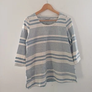 Cotton Traders Blue White Striped Top Blouse Linen Blend Size 8 3/4 Sleeved - Picture 1 of 5