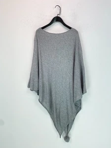 Laura Ashley Grey Solid Poncho Boat Neck Pom Pom Hem One Size - Picture 1 of 8