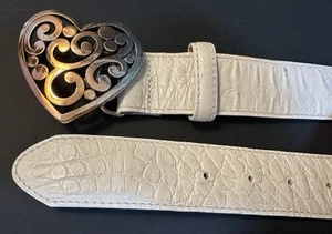 BRIGHTON womens 32 White Croc BELT - Silver HEART BUCKLE B3126 W - Picture 1 of 8