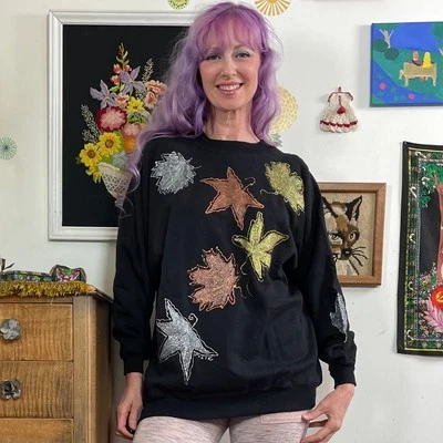 Vintage Glitter Leaf Sweatshirt, 90s Handpainted Crewneck w Metallic Leaves 2X - Image 1 of 4