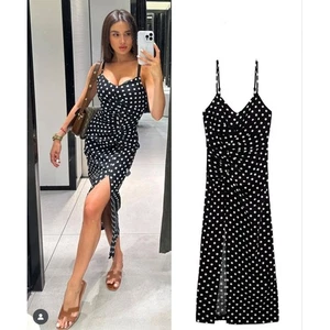 Zara Size Large L Black White Polka Dot Linen Blend Ruched Side Slit Midi Dress - Picture 1 of 10
