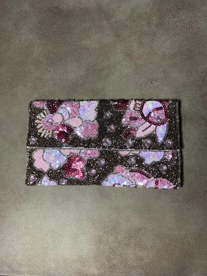 Cartera sin asas vintage rosa y marrón con cuentas floral de lentejuelas - forro satinado Foto 1 de 4