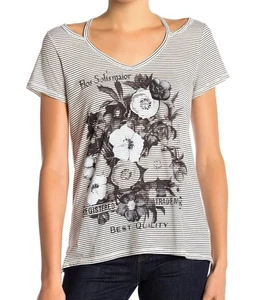 Lucky Brand Black White Floral Striped Cut Out Shoulders Short Sleeve Top Large - Picture 1 of 10