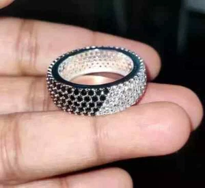 14K White Gold Plated 3Ct Round Lab-Created Black Diamond Wedding Eternity Ring - Picture 1 of 4