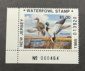 1985 NEW JERSEY - Plate# - State Duck Stamp - Lot1 - Mint OG NH **NON RESIDENT** - Picture 1 of 2