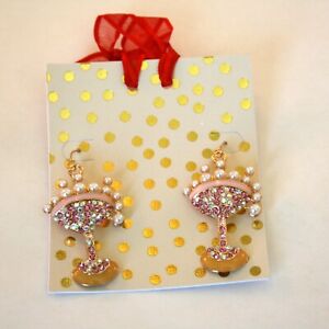 Gold tone champagne glass, faux pearl pink & crystals earrings 2 1/2"