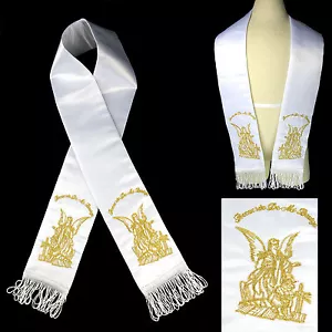 Weiße Satin Stola Schärpe zur Taufe Taufe bestickt Engel in Gold Silber - Bild 1 von 7