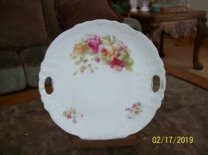 Porcelain China Antique Double Handle Cake Plate With Pink & Yellow Rose Pattern - Picture 1 of 8