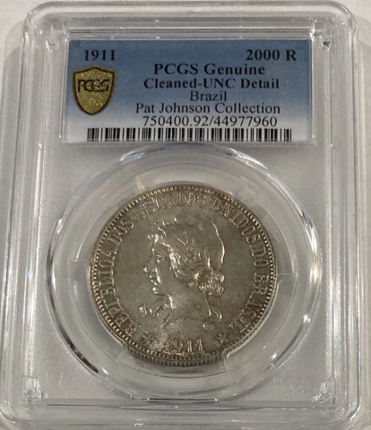 1911 BRAZIL 2000 REIS SILVER COIN🔥PCGS UNC details! PAT JOHNSON COLLECTION! Cover