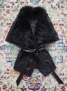 Black Sherpa Fur Lined Vegan Leather Belted Vest Jacket Trench Coat Outerwear M - Picture 1 of 4