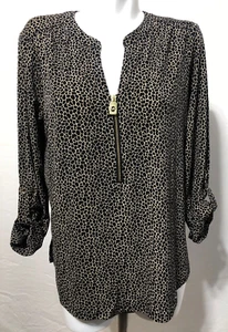 Michael Kors Medium  Women Animal Print Black Beige Top Shirt 1/2 Zip NWT New - Picture 1 of 8