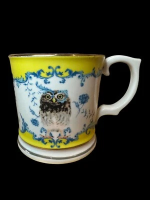 Anthropologie "Nature Table" By Lou Rota Owl Coffee/Tea Mug 12 Oz Yellow/Blue