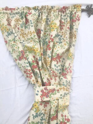 Vintage 60s Curtains Handmade Linen Tieback Floral 41 x 55 Pair - Image 1 of 4