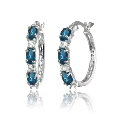 Oval London Blue Topaz & Princess-cut White Topaz Sterling Silver Hoop Earrings - Image 1 of 3