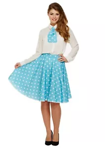 Ladies Blue 1950s Polka Dot Skirt & Tie 50s Fancy Dress Rock n Roll Fancy Dress - Picture 1 of 1