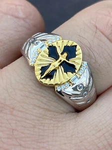 Mens Real Solid 925 Sterling Silver Jesus On Cross Ring 14k Gold Plated - Picture 1 of 12