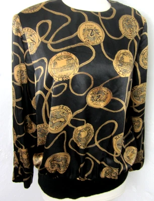 Blusa barroca vintage para mujer talla 14 negra + dobladillo tejido satinado dorado b. bennett Foto 1 de 4