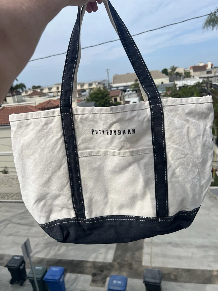 Bolso de Mano Pottery Barn Lona Preppy Blanco Azul con Cremallera Logo Bordado Preppy Foto 1 de 4