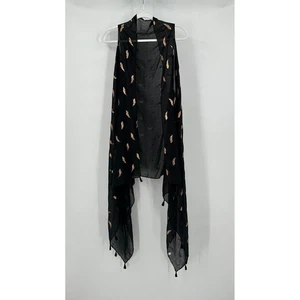 Womens Boho Sheer Feather Print Duster Vest One Size Black Gold Tassel Hem - Picture 1 of 6