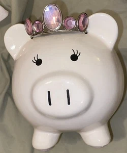 FAB NY Princess Ballerina Piggy Bank Ceramic Pig White W Pink Silver Gem Tiara - Picture 1 of 11