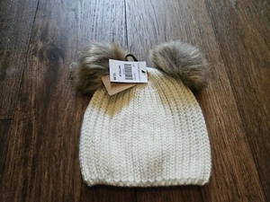 Double Pom Pom Knit Hat Infant / Toddler Faux Fur Gray White New With Tags  - Picture 1 of 9