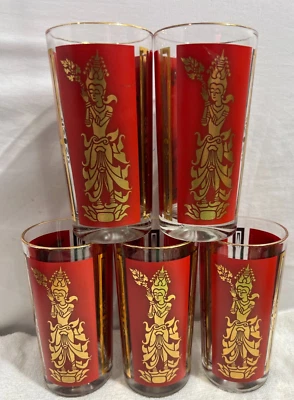 Juego de 5 vasos Collims rojos y dorados Mandalay Goddess Midcentury de colección Foto 1 de 3