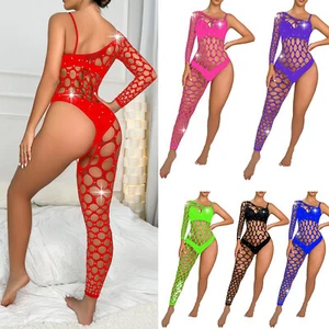 Women Sexy Hollow Out One Shoulder Bodysuit Fishnet Rhinestone Lingerie Jumpsuit - Picture 1 of 55