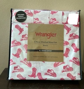 Wrangler 6 Pc Washed Sheet Set Queen Cowboy Hats Boots New Western Themed Pink - Picture 1 of 3