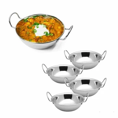 Juego de 4 tazones de curry indio de acero inoxidable - platos karahi para servir balti de 17 cm Foto 1 de 4