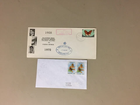 Two covers with BUTTERFLY stamps:Ghana pair st,Br Solomon single stamp Cover