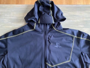 Salomon Windstopper Soft Shell Mens Jacket XL Black Yellow Stretch Tech Hooded - Picture 1 of 9