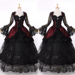 Gothic Black Red Wedding Dress Long Sleeve Full Length Lace Applique Bridal Gown - Picture 1 of 15