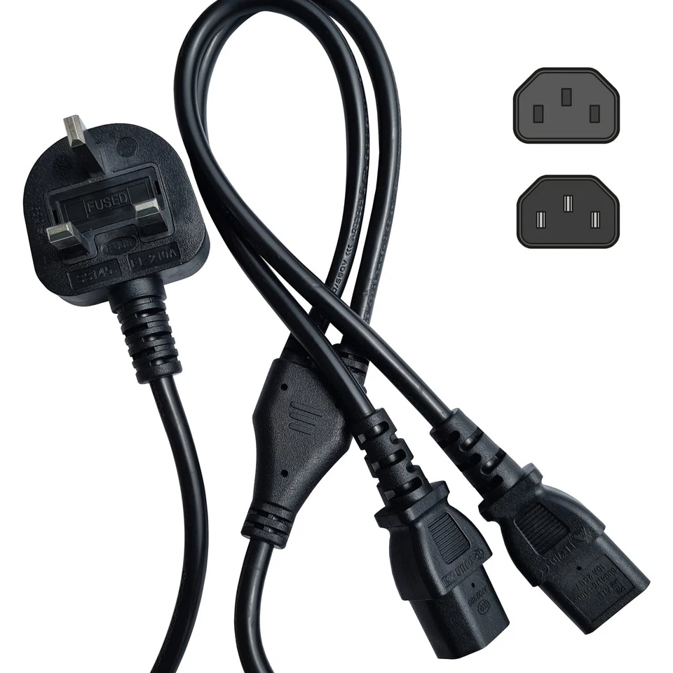 Y Splitter UK Mains Kettle Twin Power Lead IEC Connector to PC & Monitor 2m - Image 1 of 1