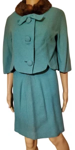 1960s Lilli Ann Green Wool Tweed Fur Collar "That Girl" 2 Piece Skirt Suit SZ XS - Picture 1 of 16
