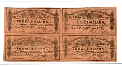 4 X $3 (CONFEDERATE  BONDS)1800'S 4 X $3 (CONFEDERATE) RARE  4 X $3 CRISPY! - Image 1 of 2