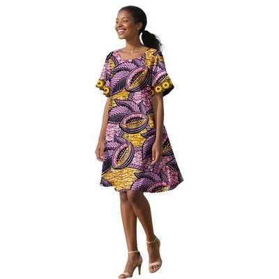 African Dress Ankara Print O-Neck Short Sleeve Knee-length Dress Dashiki - Image 1 of 4
