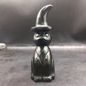 Natural Obsidian Quartz Crystal Carved Mr Cat Decoration Healing Polished 3.98'' - Picture 1 of 7