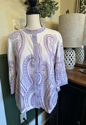 Bob Mackie Cárdigan Suéter Pequeño Blanco Púrpura Paisley Usable Arte 3/4 Slvs Foto 1 de 4