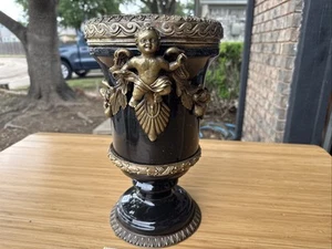 Large Black Ceramic and Brass Angels Urn Pottery 13 1/2" tall READ* Cherub - Picture 1 of 17