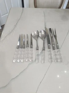 Vtg MCM Salad Serving Set Acrylic Lucite? Handle Stainless Steel Steak Knives  - Picture 1 of 10