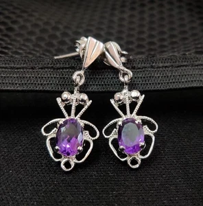 Natural Amethyst Earrings Oval Purple 925 Silver Dangle Birthstone Gift Women - Picture 1 of 12