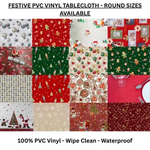 Christmas PVC Vinyl Tablecloth, Wipe Clean Table Cover, Round Xmas Tablecloth - Picture 1 of 124