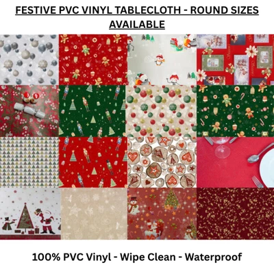 Christmas PVC Vinyl Tablecloth, Wipe Clean Table Cover, Round Xmas Tablecloth - Image 1 of 4