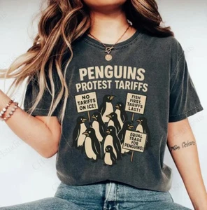 Penguins Protest Tariffs Shirt, Funny Tariffs Shirt, Funny Penguin Graphic Tee - Picture 1 of 6