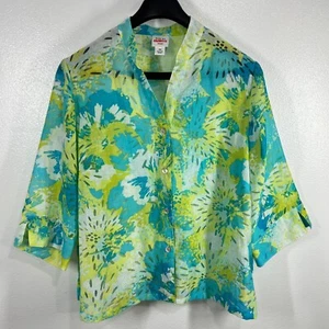 Ruby Rd Floral Button Down Top 3/4 Sleeve Lightweight Blouse Blue Yellow 18W - Picture 1 of 11