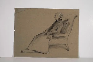 Dessin Orig Fusain monogrammé S 1900/20 Vieille Femme assise dans un Fauteuil - Picture 1 of 2