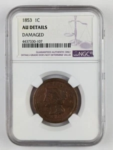 1853 Braided Hair Large Cent - NGC AU Details - Picture 1 of 4