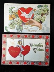 2 Antique Valentine's Day Postcards Dove Flowers Girl Red Hearts See Details - Picture 1 of 7
