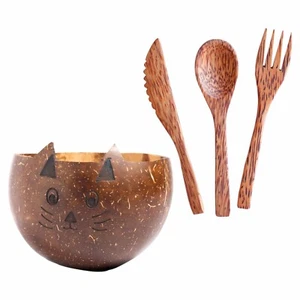 Eco-Friendly 350ml Coconut Shell Cat Bowl with 3pc Coconut Wood Cutlery for Kids - Picture 1 of 12