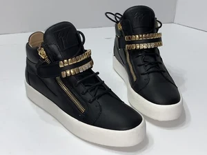 Auténticos Zapatos Tenis Giuseppe Zanotti Cuero Negro Dorado Dientes Altos Para Hombre 43! - Imagen 1 de 10
